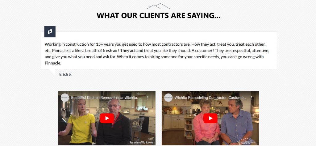 Pinnacle Homes Testimonials on Home Page